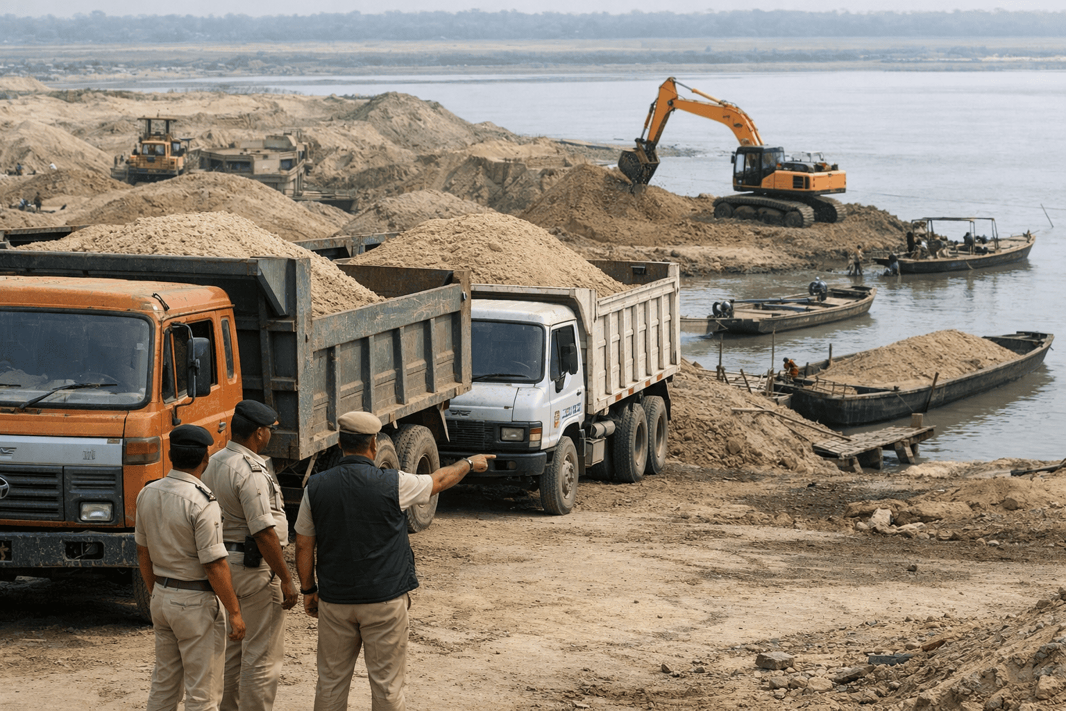 पटना में EOU मुख्यालय की तस्वीर, जिसमें अवैध बालू खनन पर कार्रवाई को दर्शाने वाला प्रतीकात्मक दृश्य (जैसे जब्त बालू ट्रक या खनन स्थल) शामिल हो।.